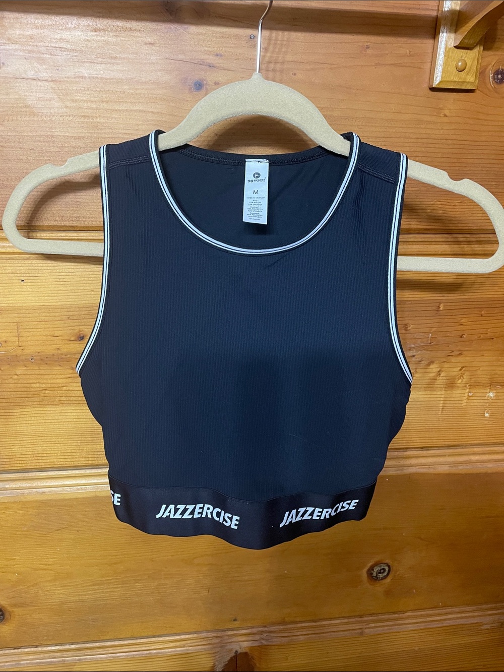 Jazzercise 90 Degree By Reflex Black Ribbed Cropped Tank with White Trim